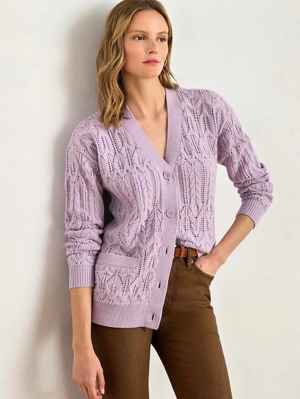 Lauren Ralph Lauren Pointelle Wool-Blend V-Neck Cardigan Open Knit Cardigan in M